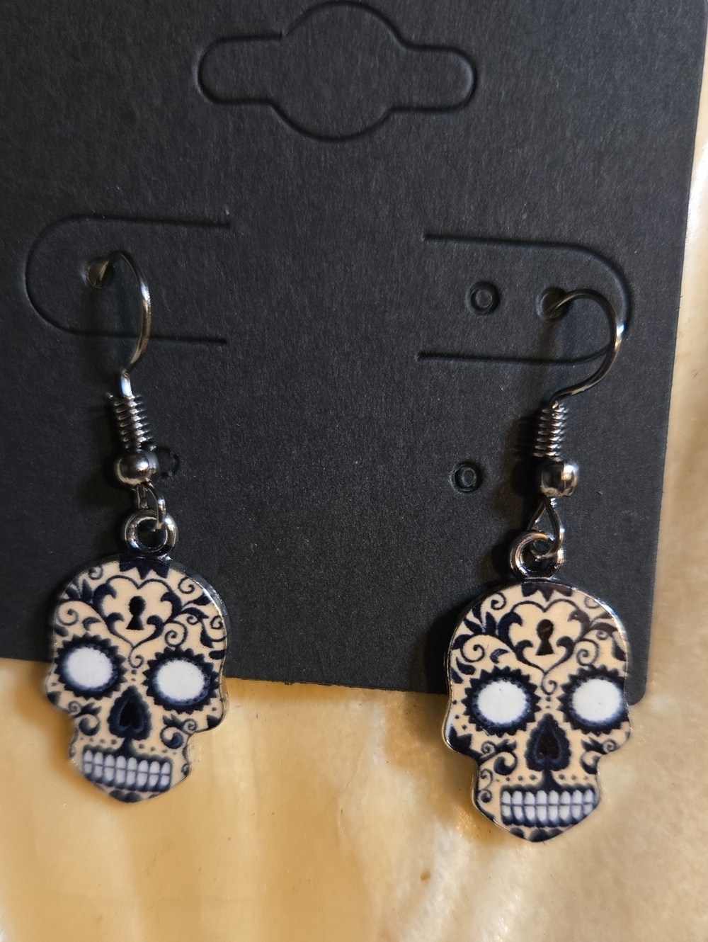 Decorative Sugar Skull Drop Earrings - Black and Cream